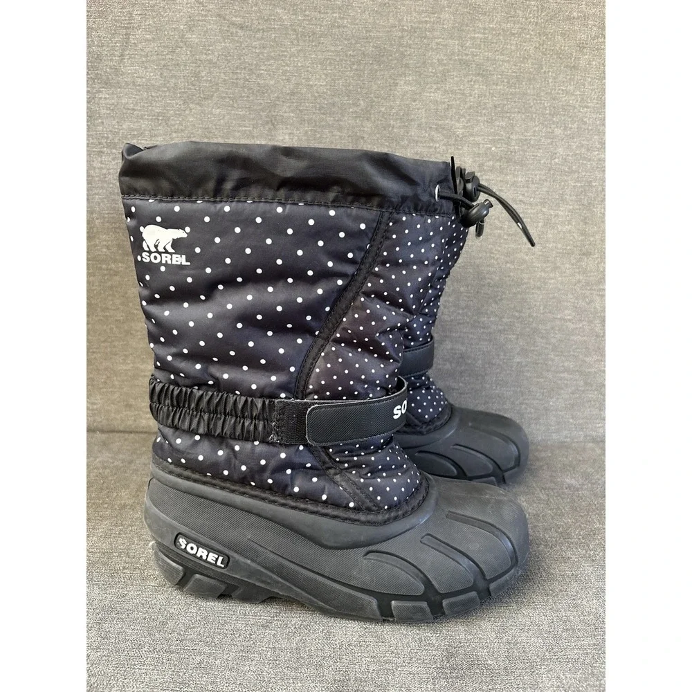 Sorel Flurry Print Adjustable Polka Dots Boots Black NY3503-010 Big Girl's 4 EUC